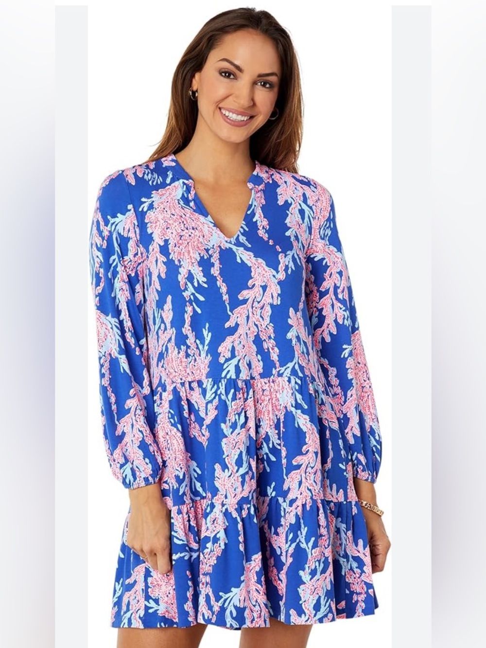 Lilly Pulitzer Traci Long Sleeve Dress Borealis Blue Swim On Over Coral Print